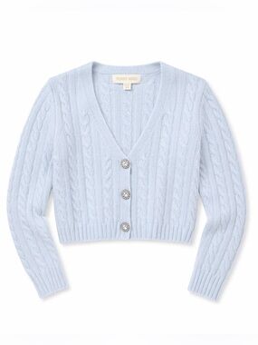 Ronny Kobo Cable Knit Cropped Cardigan Crystal‎ Buttons Wool Cashmere XS
